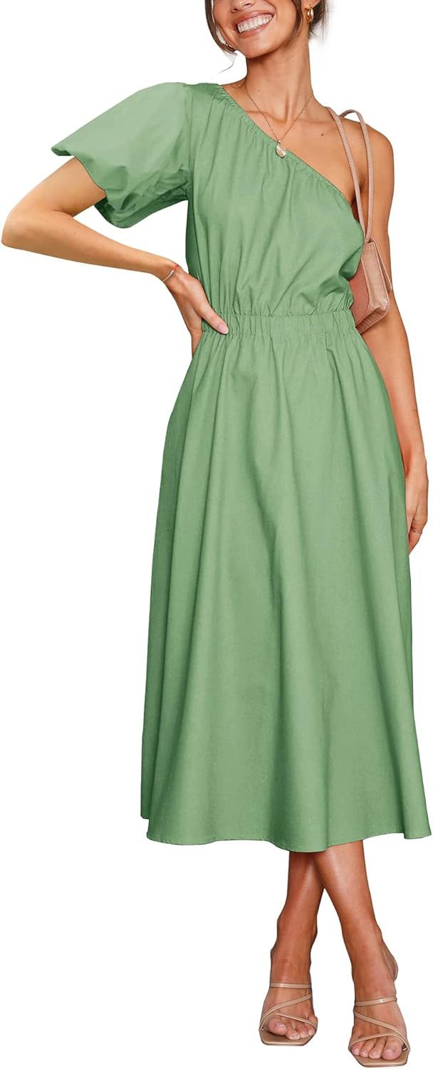 Zwurew Women's Boho Summer One Shoulder Puff Short Sleeve Side Split High Waist Swing Midi Dress | Amazon (US)