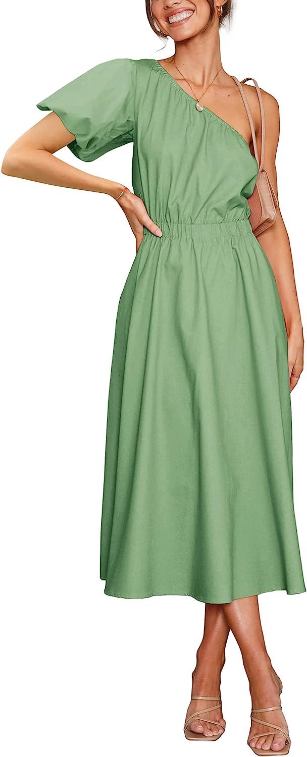 Zwurew Women's Boho Summer One Shoulder Puff Short Sleeve Side Split High Waist Swing Midi Dress | Amazon (US)