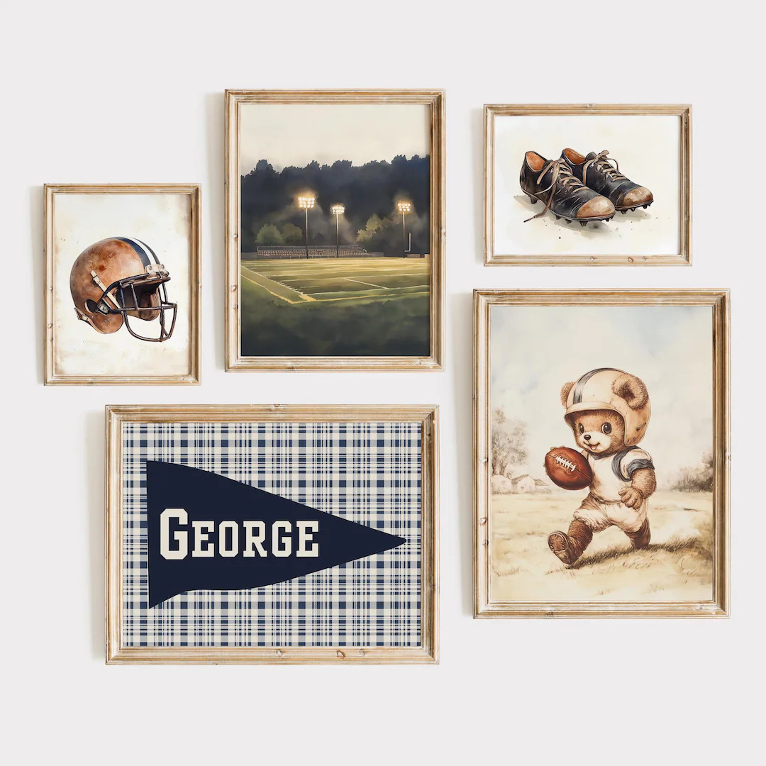Vintage Style Football Art for Boys Room Nursery Set of Five | Boys Room Printable Art | Custom N... | Etsy (US)