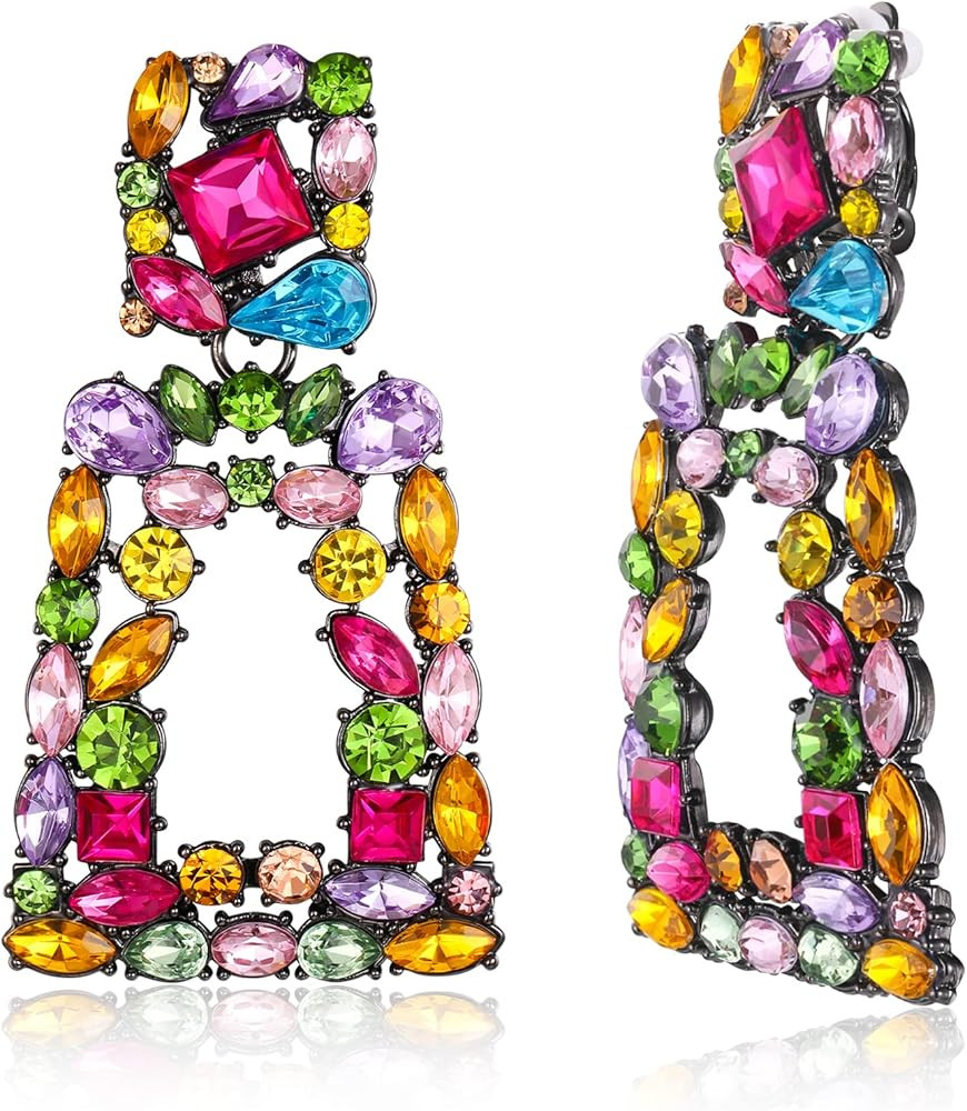Flyonce Rectangle Clip-on Drop Earrings for Women, Sparkly Rhinestone Crystal Geometric Statement... | Amazon (US)