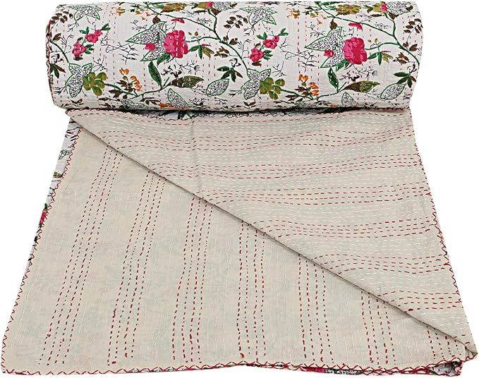 White Color Paradise Printed Twin Floral Blanket Indian Cotton Kantha Quilt Decorative Bohemian C... | Amazon (US)