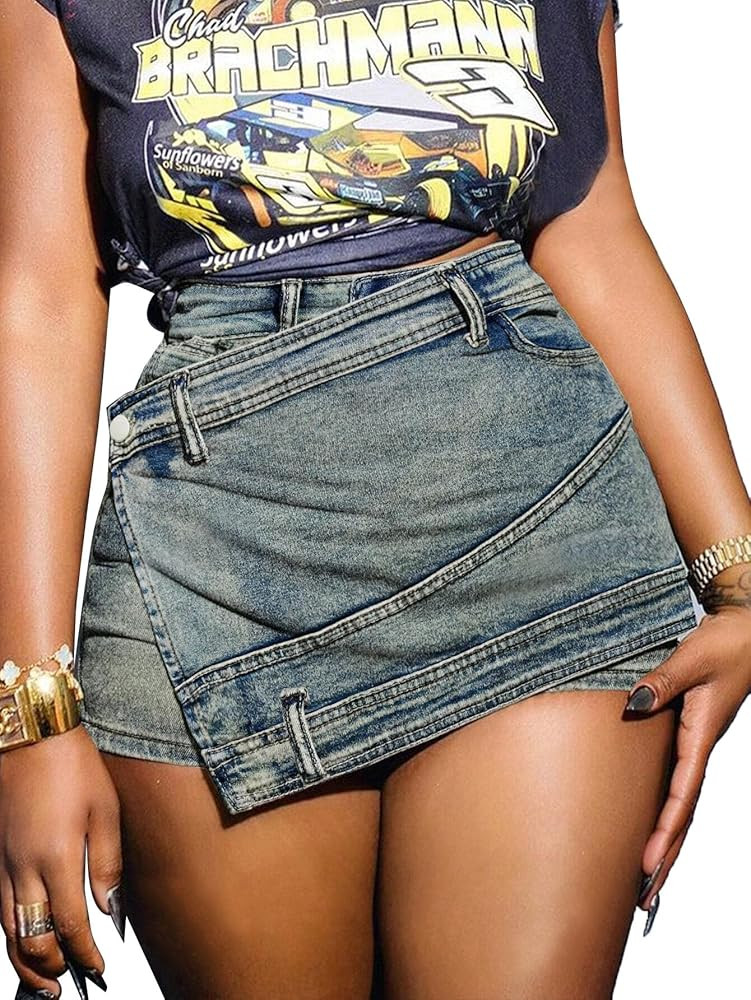 Avanova Women Denim Mini Skirt Jean Skort Sexy High Waist Asymmetrical Wrap Stretch Short Skirts | Amazon (US)