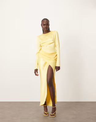 ARRANGE sleek satin drape maxi dress with open back in lemon | ASOS (Global)
