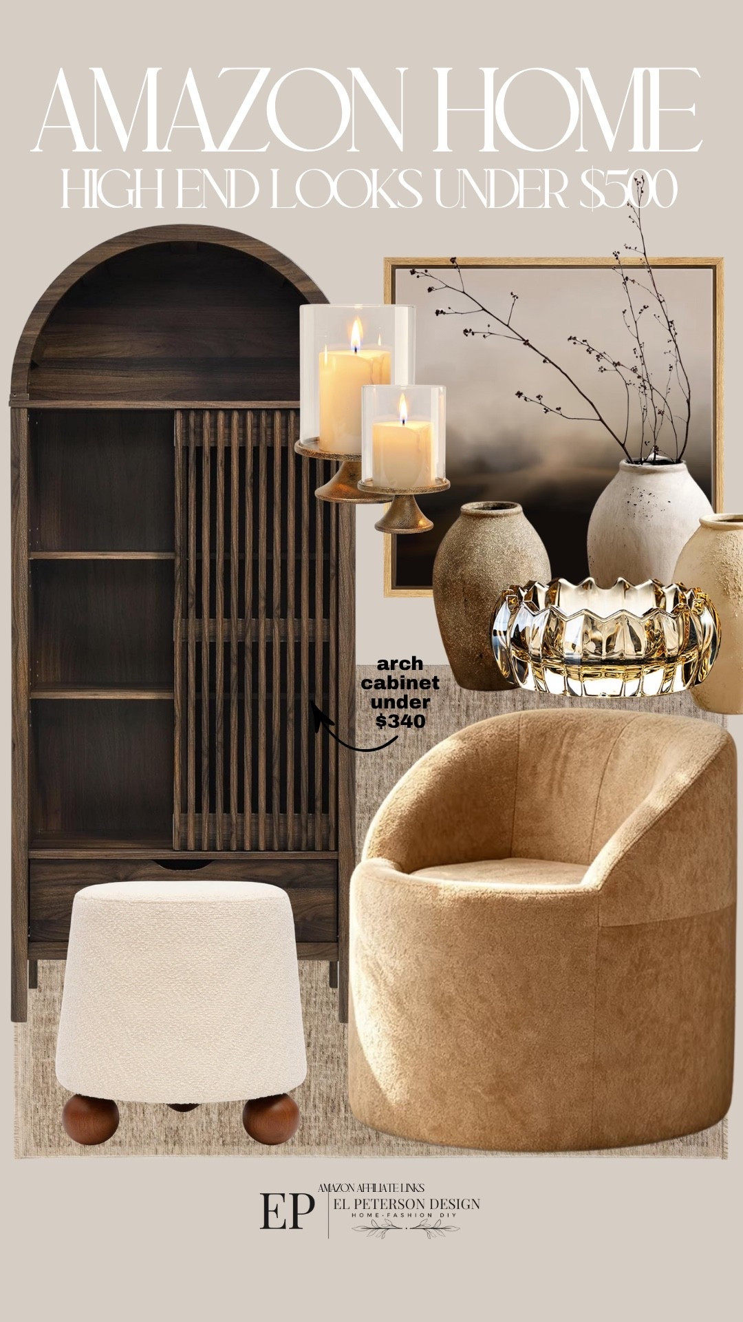 Amazon
Arch cabinet
Rug
Ottoman
Accent Chair
Vase
Candle holder 
Artwork

#LTKHome