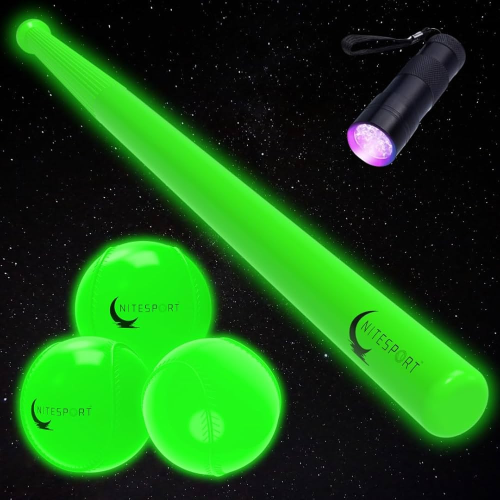 Glow in The Dark Plastic Baseball Bat w/ 3 Plastic Glow in The Dark Baseballs 1 UV Flashlight Bun... | Amazon (US)