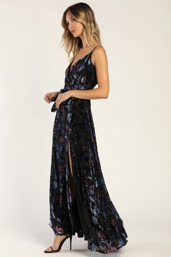 Pretty Companion Black Floral Velvet Burnout Maxi Dress | Lulus