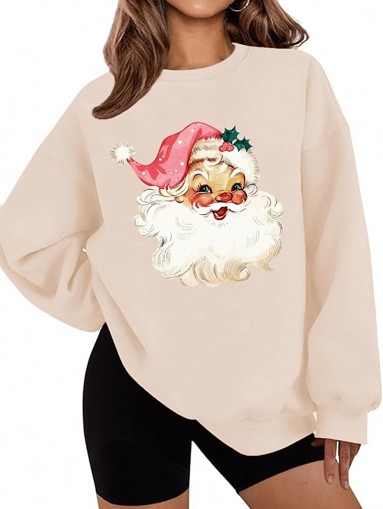 LETSEE Christmas Sweatshirts for Women Santa Claus Graphic Crewneck Oversized Fleece Pullover Xma... | Amazon (US)