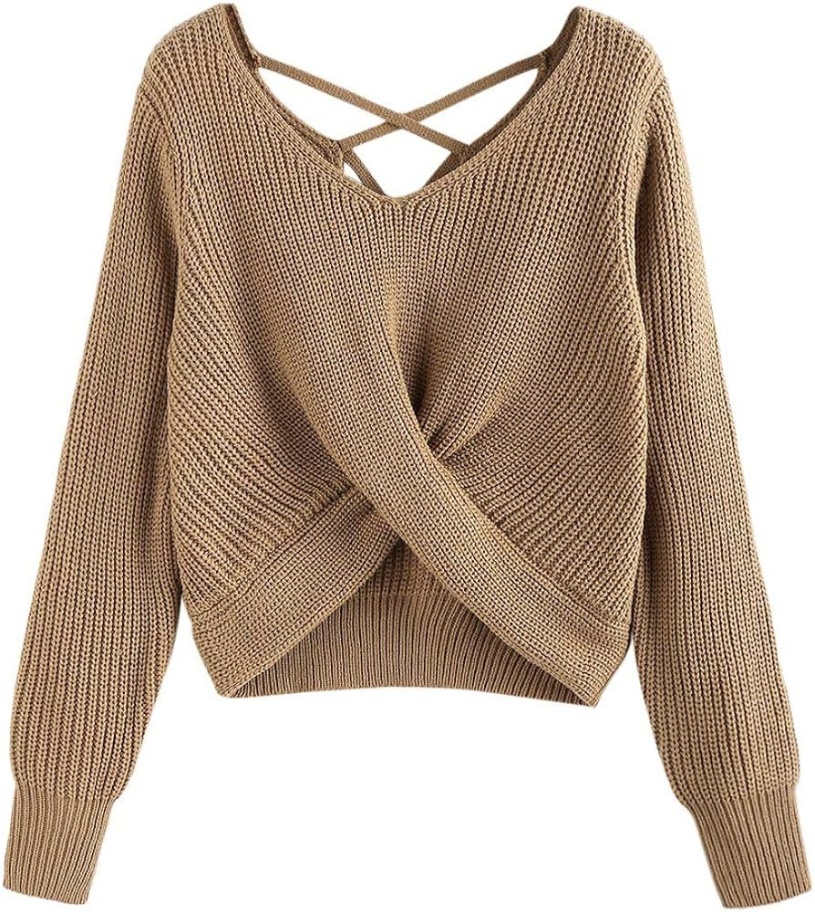 ZAFUL Women's V-Neck Criss Cross Twisted Back Pullover Knitted Sweater Jumper (White, L) at Amazo... | Amazon (US)