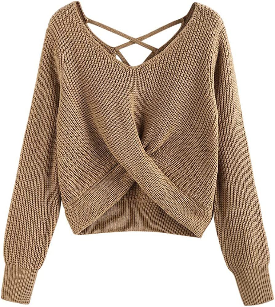 ZAFUL Women's V-Neck Criss Cross Twisted Back Pullover Knitted Crop Sweater Jumper Tops | Amazon (US)