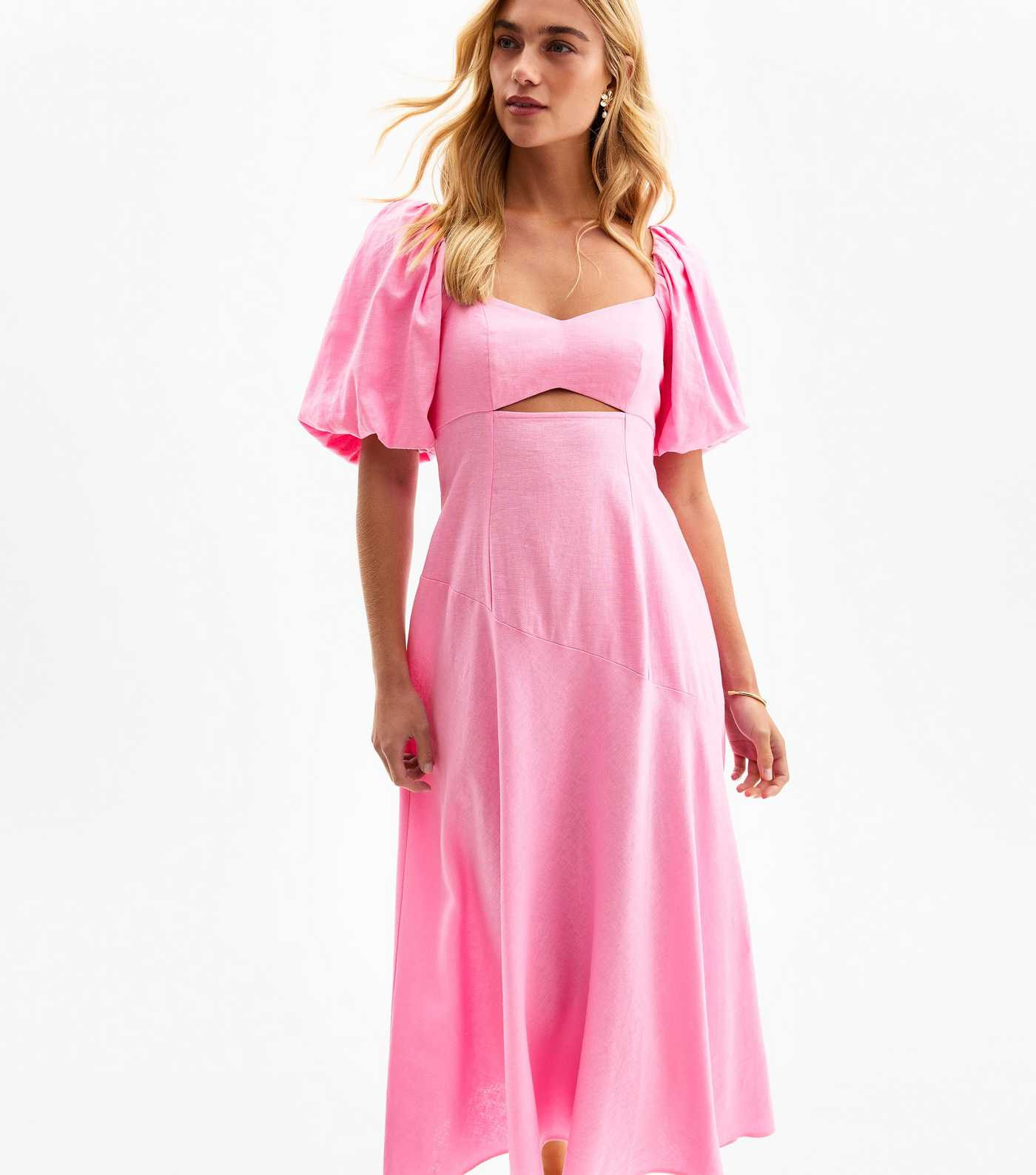 Pink Linen Blend Puff Sleeve Midi Dress | New Look | New Look (UK)
