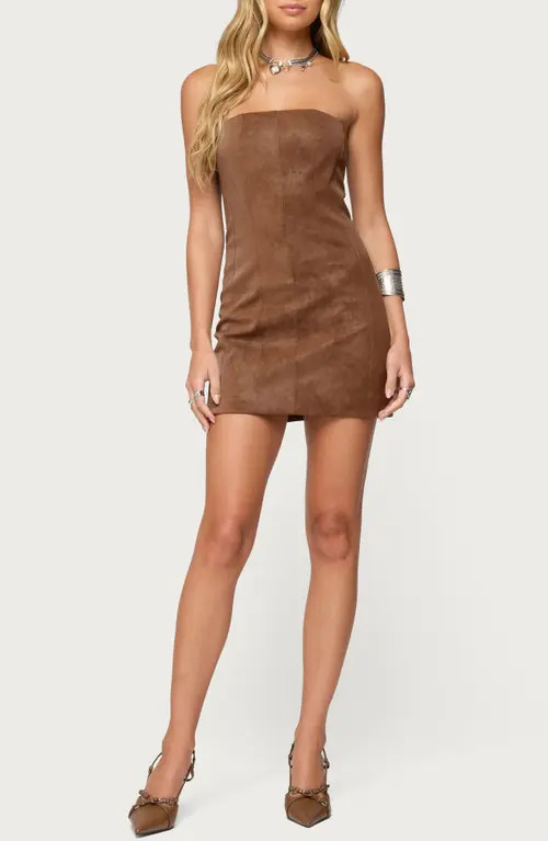 EDIKTED Carina Strapless Faux Suede Minidress in Brown at Nordstrom, Size Medium | Nordstrom