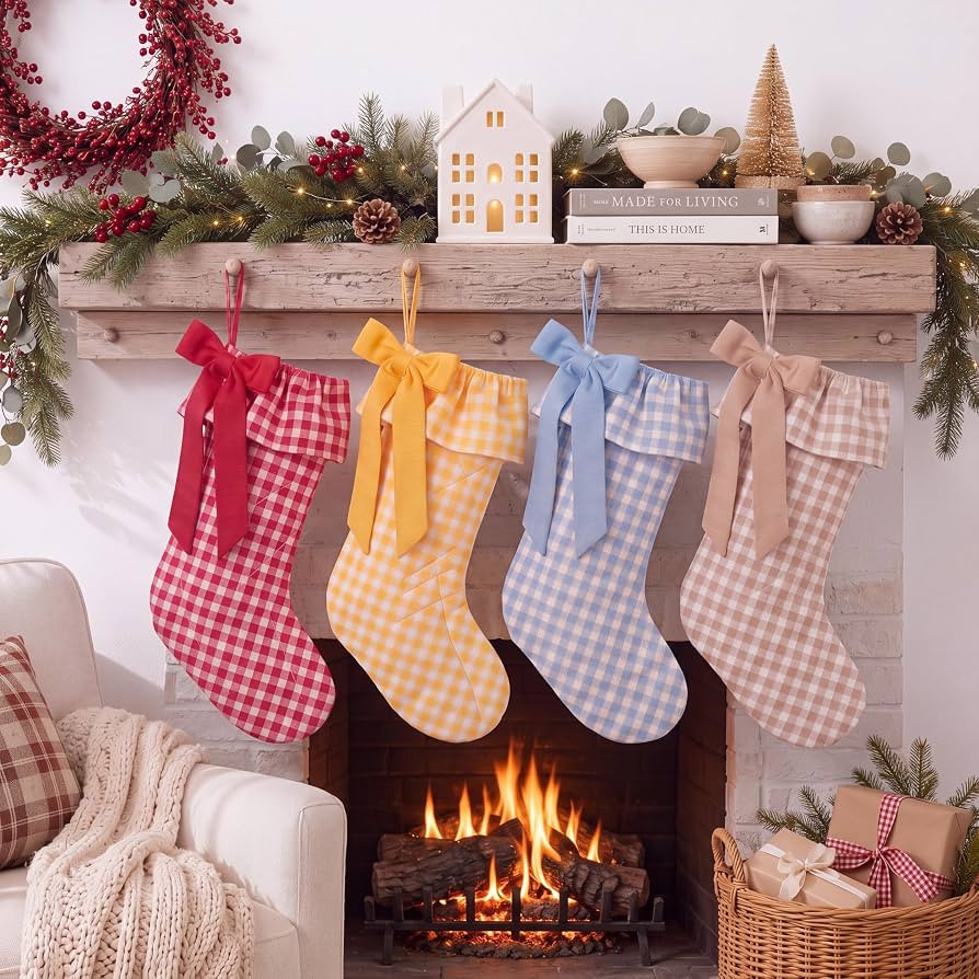 Twistover 4 Pack Christmas Gingham Bow Stockings Farmhouse Hanging Socks | Amazon (US)