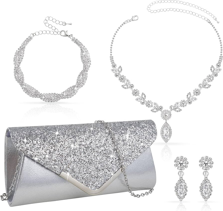 4Pcs Silver Clutch Bag Jewelry Set For Women Rhinestone Shiny Evening Purse Handbag Clutches Purs... | Amazon (US)
