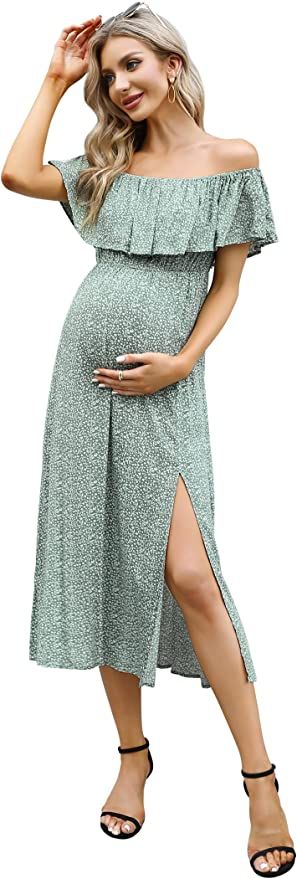 Coolmee Maternity Dress Women's Off Shoulder Split Long A Line Dress Casual Maxi Dress Photograph... | Amazon (US)