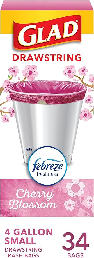 Glad Small Trash Bags 4 Gallon, Febreze Cherry Blossom Garbage Bags, Odor Resistant with Drawstri... | Amazon (US)