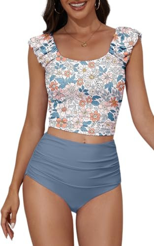 Eomenie Tankini Swimsuits for Women Ruched Tummy Control Bathing Suit Two Piece Swim Tank Top with High Waisted Bottom Orange Floral | Amazon (US)