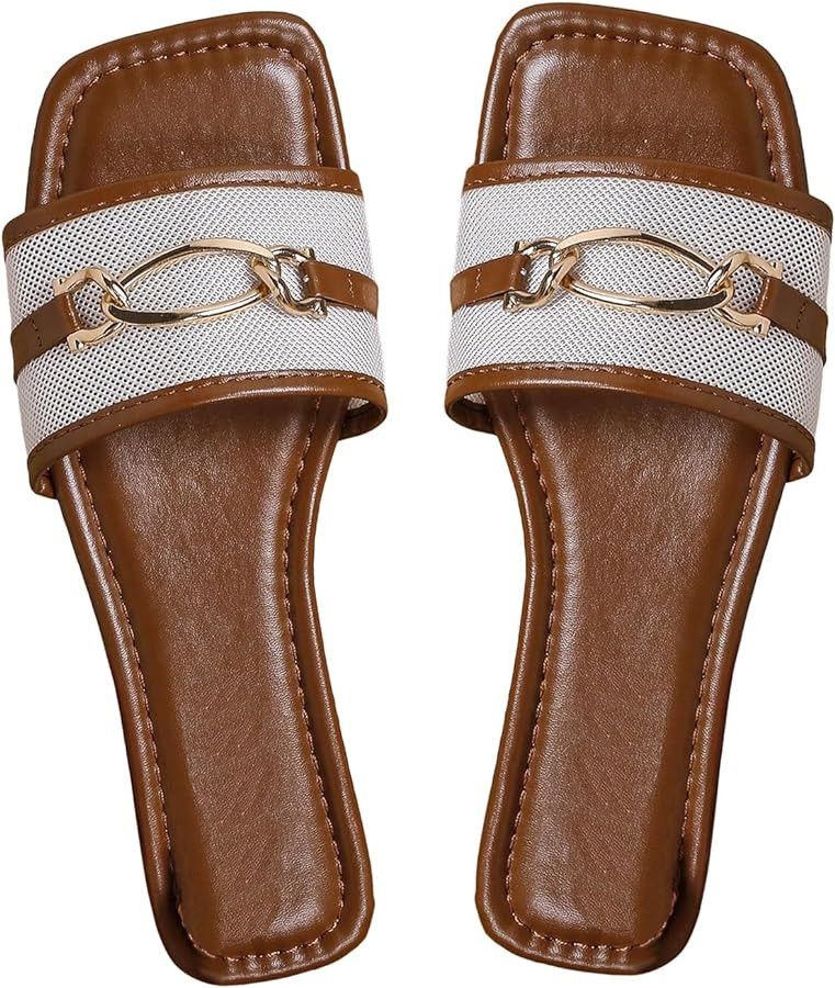 GORGLITTER Women's Flat Sandals Square Open Toe Slip On Slides with Metal Chain Sandals | Amazon (US)