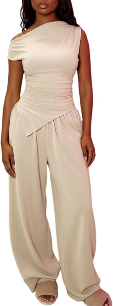 Ulovmi Women 2 Piece Outfit Off Shoulder Wide Leg Pants Set | Amazon (US)
