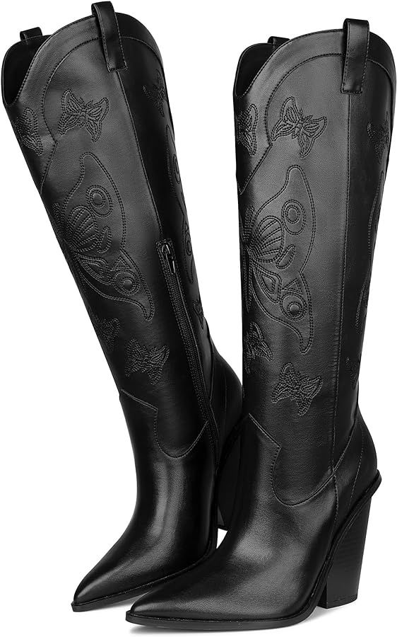 Cowboy Boots for Women Black Womens Boots Knee High Pointed Toe Embroidered Pull on Zipper Thigh ... | Amazon (US)
