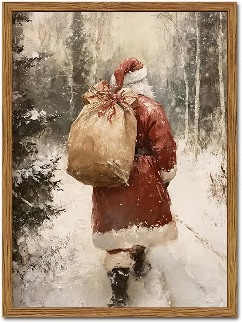 Vintage Christmas Wall Art Snowy Winter Wall Decor Pictures, Santa Claus Walking in the Snow Farm... | Amazon (US)