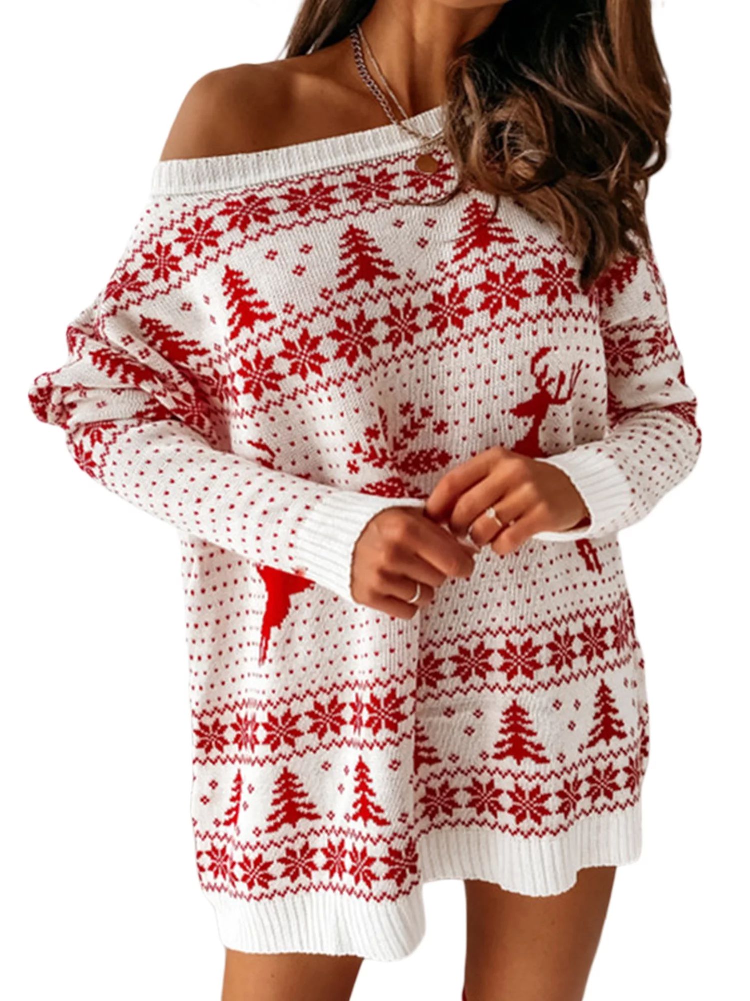 Urobanpeeg Women Christmas Sweater Dress Long Sleeve Off Shoulder Knit Pullover | Walmart (US)