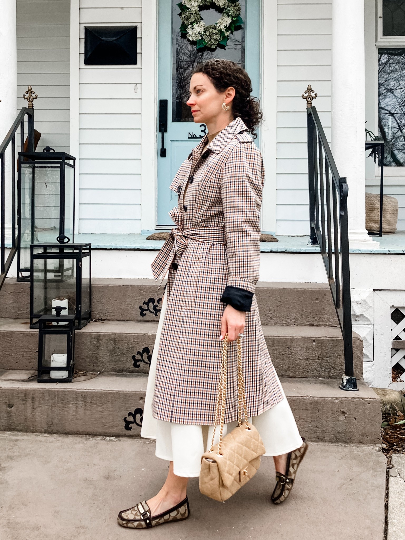 A classic neutral spring outfit!
Coat is old from Talbots, linking similar. 
Camel cotton sweater from Quince. 
White skirt from Chicwish. 
Gold braided hoops are old, linking similar. 
Neutral bag from Urban Expressions. 
Coach loafers are old, linking similar. 
Petite outfit. Church outfit. Modest outfit. Spring outfit.  Neutral outfit. 

#LTKOver40 #LTKmomlife #LTKootd
