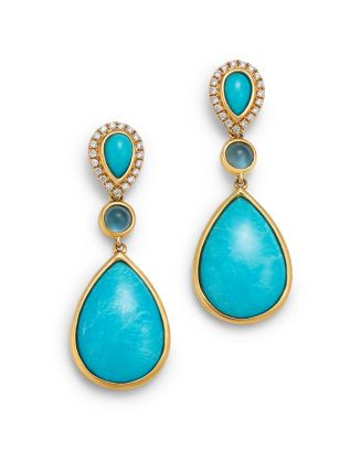 Turquoise, Swiss Blue Topaz, & Diamond Pear Halo Drop Earrings in 14K Yellow Gold | Bloomingdale's (US)