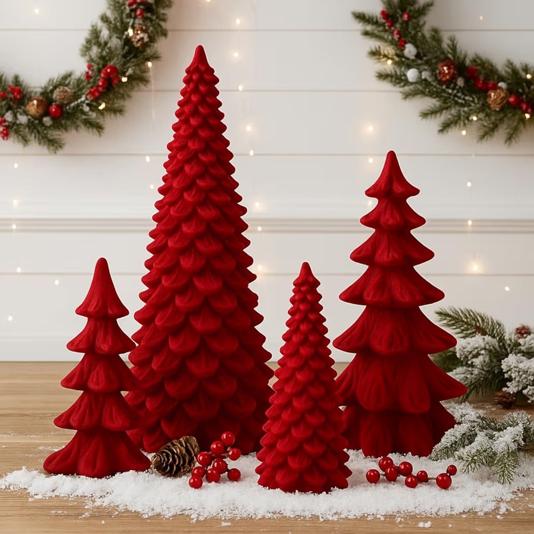 Thyle 4 Pcs Christmas Velvet Trees Set Christmas Resin Cone Tree Figurines Decorations Winter Tab... | Amazon (US)