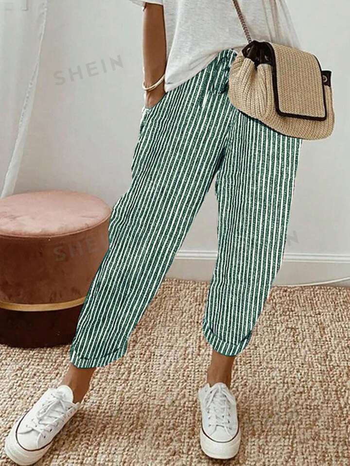 SHEIN LUNE Women's Striped Printed Simple Daily Long Pants | SHEIN