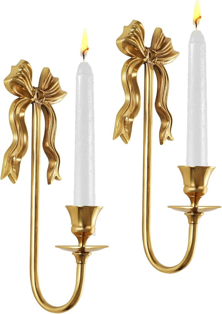 Vintage Gold Bow Candle Holders Set of 2, Solid Brass Wall Mounted Tapered Candle Sconce, Candle ... | Amazon (US)