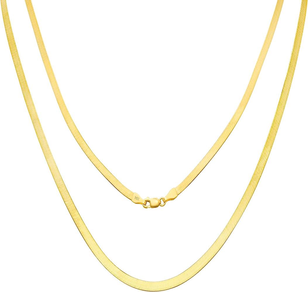 Nuragold 10k Yellow Gold 3mm Solid Herringbone Silky Flat High Polish Chain Necklace, Womens Lobs... | Amazon (US)