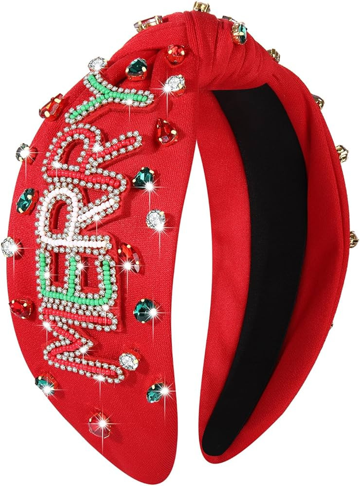 NVENF Christmas Headband for Women Jeweled Xmas Plaid Headband Embellished Crystal Pearl Knotted ... | Amazon (US)