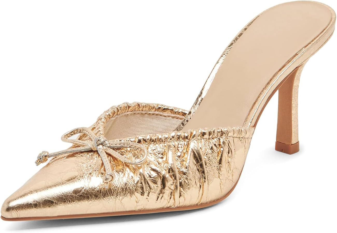 Kitten Heels for Women Bow Pointed Toe Heel Dressy Slip on Mules Trendy Sexy Stiletto Pumps Shoes | Amazon (US)