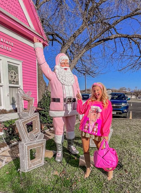 Santa sweatshirt 
Winter sweatshirt
Gold shorts
Christmas outfit
Festive outfit
Queen of sparkles
Pink purse
Target finds
Pearl earrings 
Knee high nude boots 

#LTKHoliday #LTKSeasonal #LTKitbag