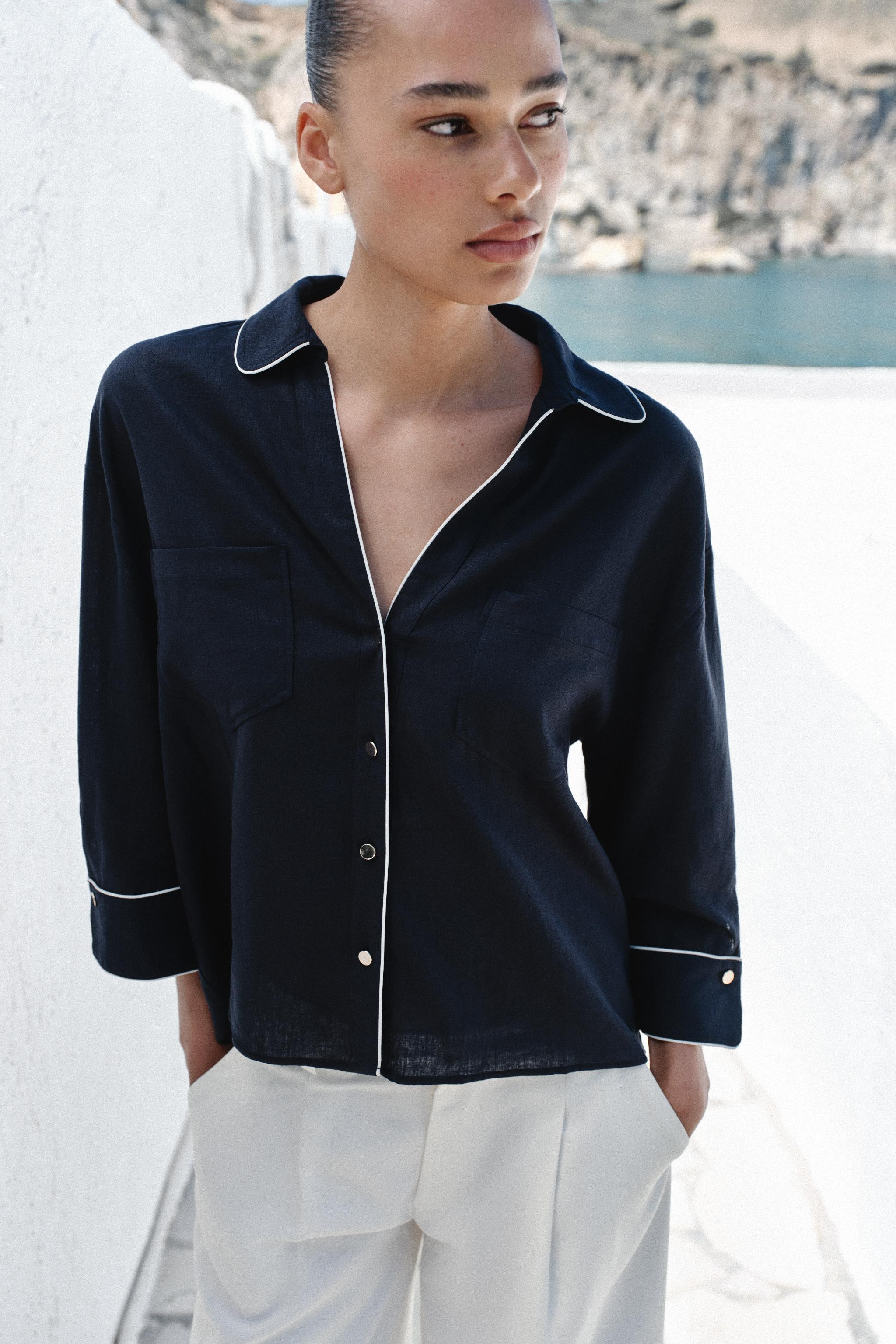 LINEN BLEND SHIRT WITH CONTRAST PIPING | Zara UK