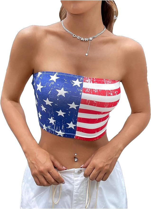 Women's American Flag Print Strapless Bandeau Top Cropper Casual Sleeveless Slim Fit Tube Crop To... | Amazon (US)