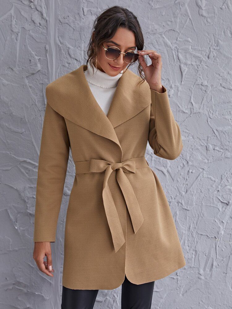 Waterfall Collar Belted Solid Coat | SHEIN