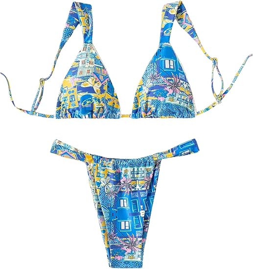 Women's High Waisted Bikini Set Floral Print Spaghetti Strap Smocked Wireless Bathing Suit Swimsu... | Amazon (US)