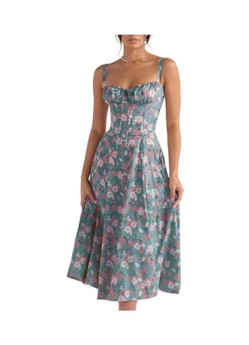 Generic Women's Purple, Multicolor Floral Corset Dress - Medium - High Waist - Square Neck - Sleeveless - Midi - Casual | Amazon (US)