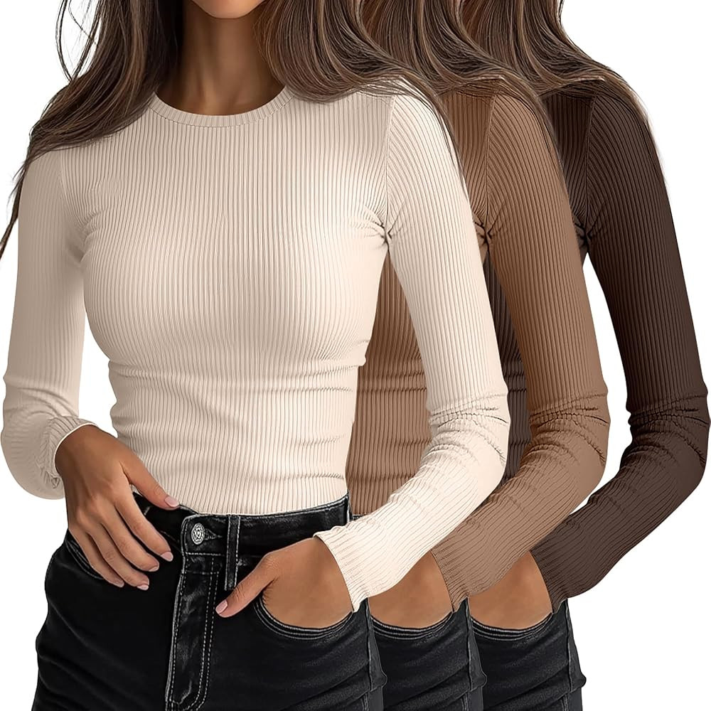 Ficerd 3 Pack Women's Ribbed Long Sleeve Tops, Crew Neck Slim Fit Undershirts Knit Basic Casual S... | Amazon (US)