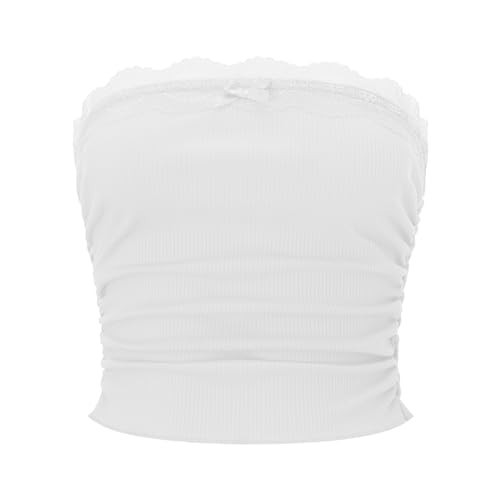 Women Lace Trim Tube Top Strapless Ribbed Ruched Bandeau Y2k Summer Going Out Crop Tops White L | Amazon (US)