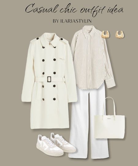 CASUAL CHIC OUTFIT IDEA 🤍 fashion inspo, spring outfit, spring fashion, spring style, outfit idea, outfit inspo, casual chic ootd, casual chic outfit, trench coat, cream trench coat, beige coat, striped shirt, beige shirt, white jeans, wide leg jeans, veja v-10, suede sneakers, white sneakers, low top sneakers, white bag, shopper bag, shoulder bag, h&m, style inspo, women fashion

#LTKSeasonal #LTKU #LTKstyletip