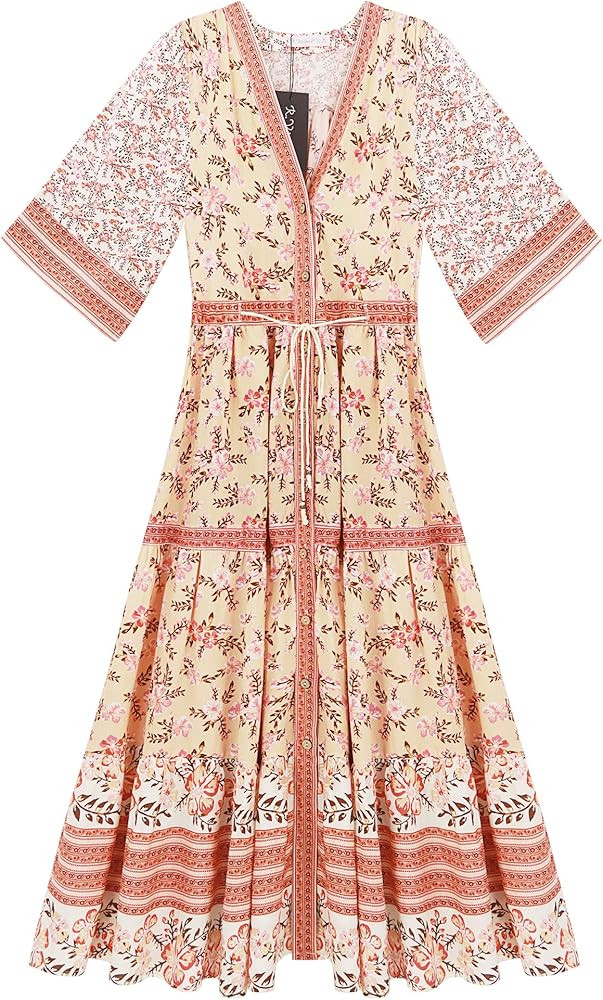 R.Vivimos Women's Summer Cotton Printed Half Sleeve V Neck Flowy Midi Dress | Amazon (US)