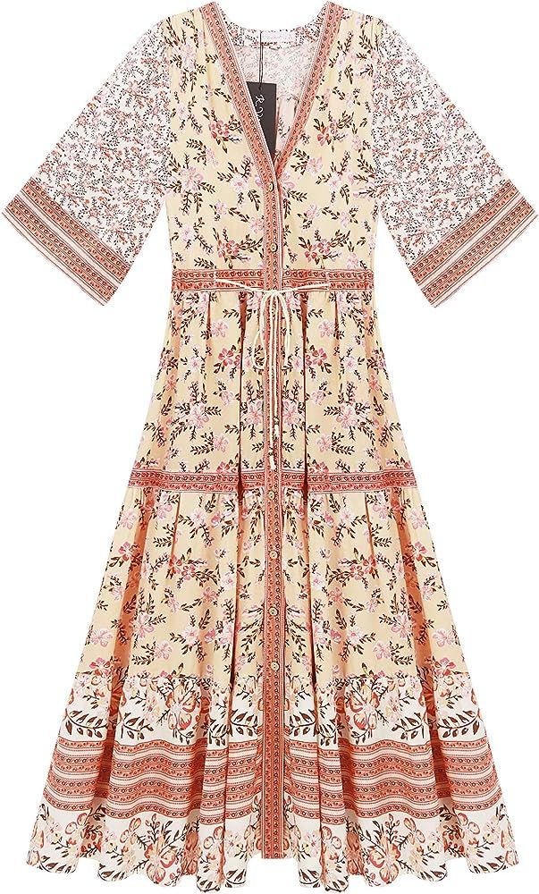 R.Vivimos Women's Summer Cotton Printed Half Sleeve V Neck Flowy Midi Dress | Amazon (US)