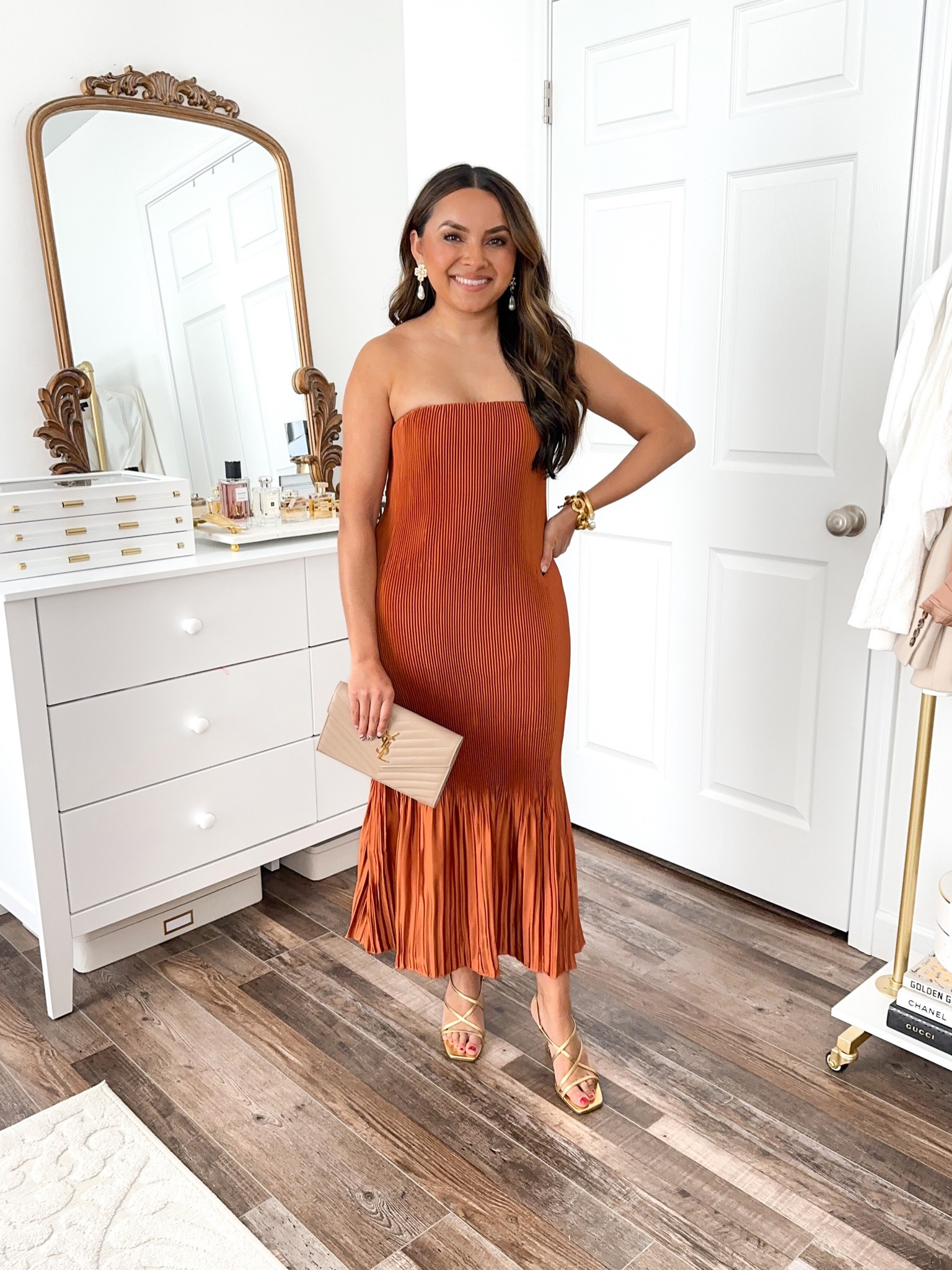 Strapless Transparent Top Pleated Short Dress Rust
