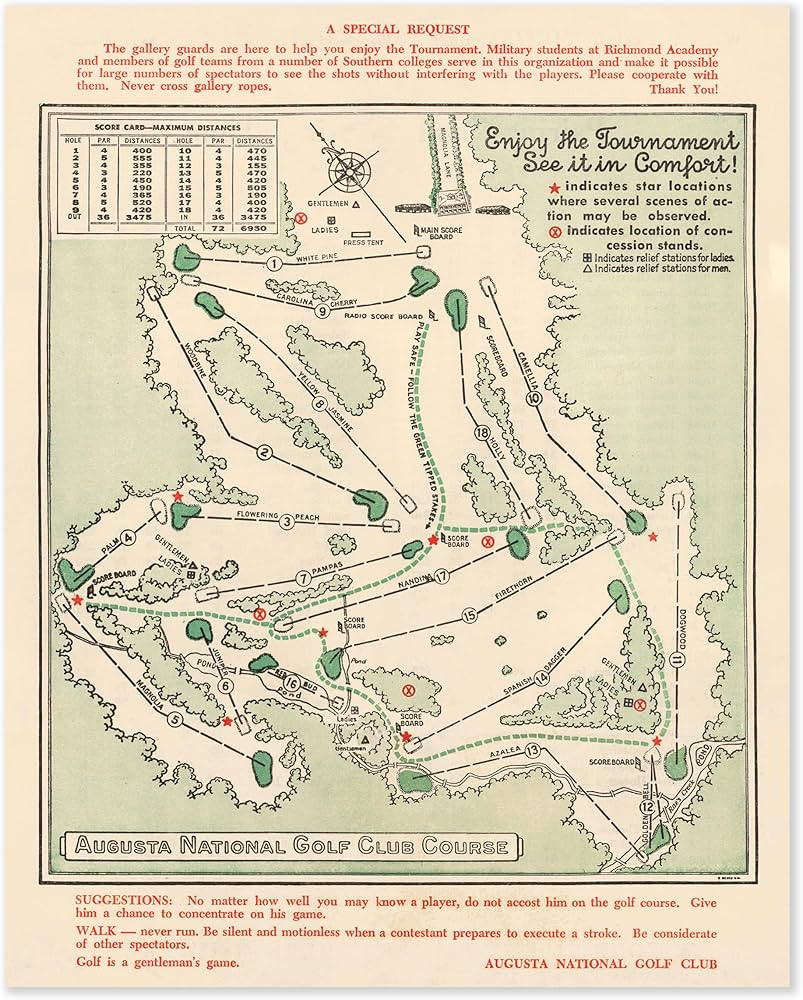 Vintage Masters Golf Augusta National Wall Art Course Map 1954 Golf Decor - Golf Wall Art Poster ... | Amazon (US)