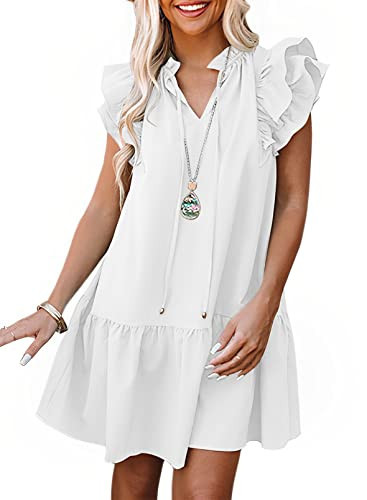 Dokotoo 2024 Summer Dresses for Women Spring Sexy V-Neck Drawstring Cap Short Sleeve Pocketed Elegant Swing Tunic Dress Easter Mini Dress Sundress White Medium | Amazon (US)