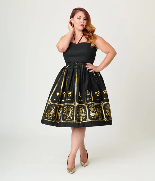 Unique Vintage Plus Size Black & Gold Astrological Chart Sweetheart Halter Swing Dress | UniqueVintage