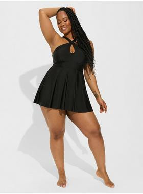 Wireless Cutout Halter Mid Length Swim Dress With Brief | Torrid (US & Canada)