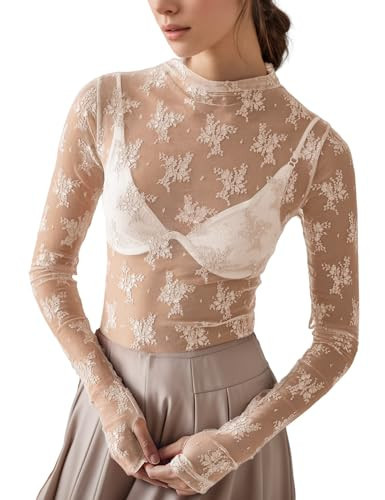 Yimoon Women's Mesh Lace Long Sleeve Layering Top Mock Neck Floral Sheer Shirt Sexy See Through Blouse(Apricot-XL) | Amazon (US)